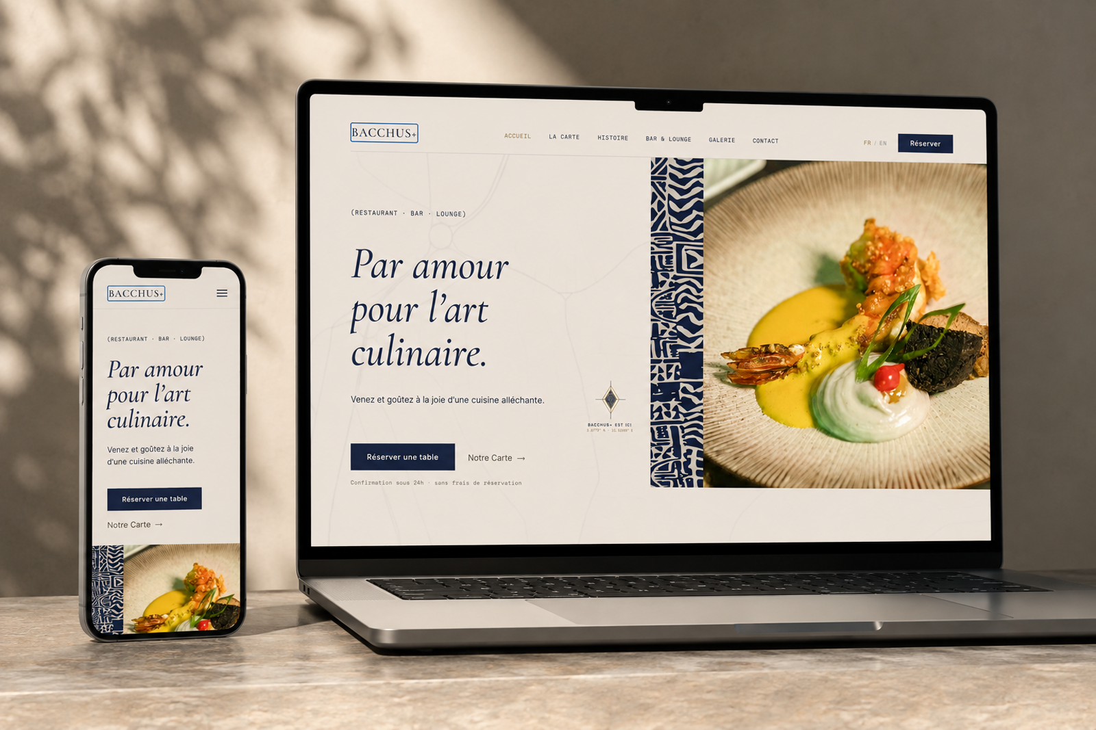 The Le Bacchus Plus website shown across laptop and mobile screens